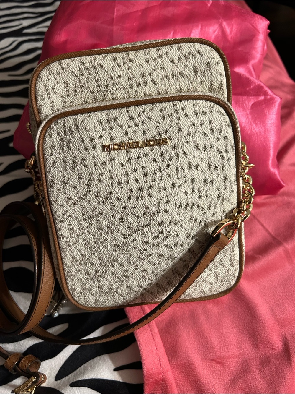 Michael Kors Cream and Brown Logo Crossbody with Gold Hardware